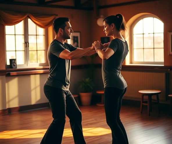 Instructor teaching a student in a private dance studio with warm lighting