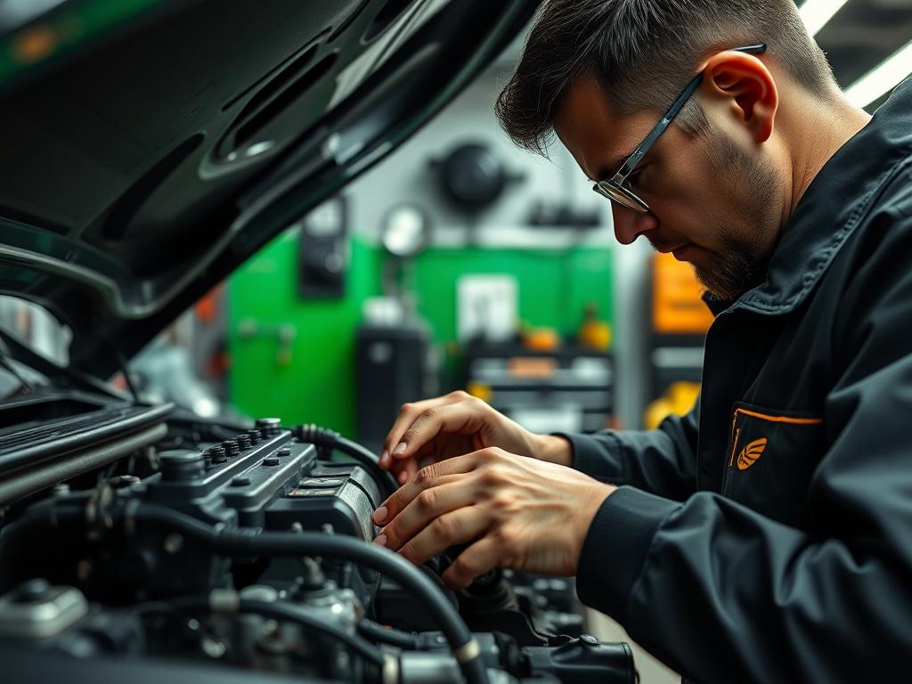 A hyper-realistic close-up shot of a skilled technician working on an engine in a well-lit auto repair shop. The image focuses on the technician's hands as they carefully examine and repair the engine components. The background features tools and parts neatly arranged, showcasing a professional and organized workspace. The colors are vibrant, emphasizing the green hue (rgb(50, 170, 39)) in the tools and equipment.