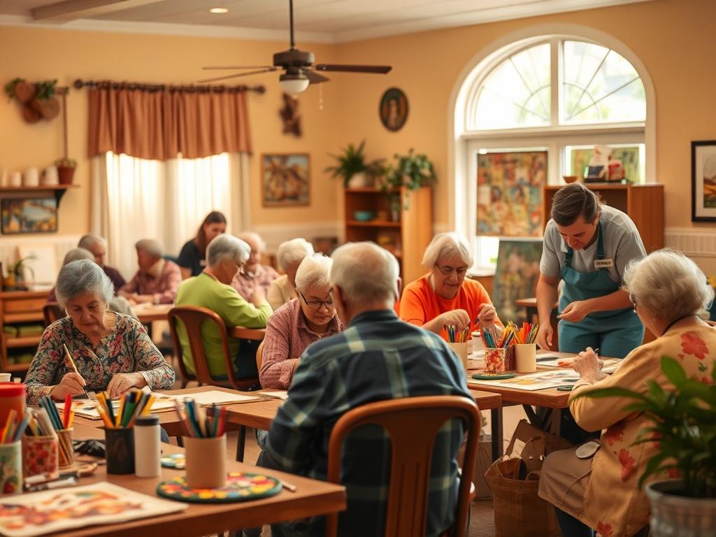A vibrant activity room filled with residents participating in an