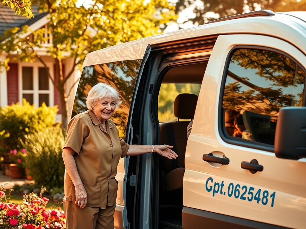 A warm and inviting scene showing a smiling caregiver assisting an elderly resident into a comfortable van parked outside a cozy adult family home. The background features a sunny day with lush greenery and flowers, creating a serene atmosphere. The caregiver wears a friendly uniform, and the van is clearly marked as a safe transportation service. The image captures a sense of care, safety, and community.