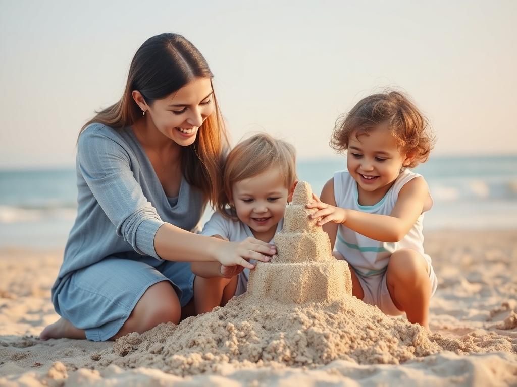 A serene image of a nurturing nanny engaged with two children at a beach, surrounded by soft tones and gentle lighting. The nanny is helping the children build a sandcastle, showcasing a fun and caring interaction. The background features a calm ocean and a clear sky, creating a peaceful vacation atmosphere. The overall composition is simple, focusing on the joyful connection between the nanny and the children.