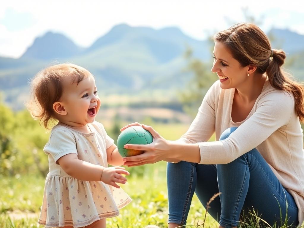 A caring nanny engaging a child in outdoor play on a sunny day, surrounded by lush greenery and the scenic Flatirons in the background. The child is laughing, playing with a ball, and the nanny is smiling, demonstrating a joyful interaction. The composition is bright and inviting, with soft lighting that creates a peaceful atmosphere, emphasizing the bond between caregiver and child.