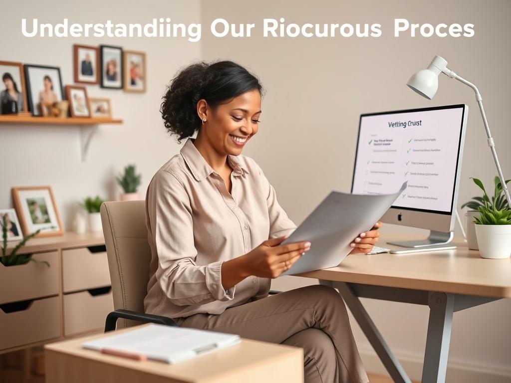 Create a realistic high-resolution image that reflects the theme of "Understanding Our Rigorous Vetting Process." The composition should be simple and clear, featuring one main subject: a compassionate caregiver sitting at a desk, reviewing comprehensive documents related to the vetting process. 

The caregiver should have a warm and approachable expression, dressed casually in professional attire, such as a soft-colored blouse and neat pants, embodying trust and integrity. In the background, include a soft
