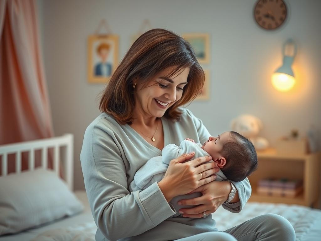 A serene, high-resolution image of a caring night nanny gently cradling a newborn in a softly lit nursery. The background features calming pastel colors and cozy decor, creating a peaceful atmosphere. The nanny is a middle-aged woman with a warm smile, displaying a nurturing demeanor. She is dressed in comfortable, professional attire, and the nursery has a calming ambiance with a night light and plush toys.