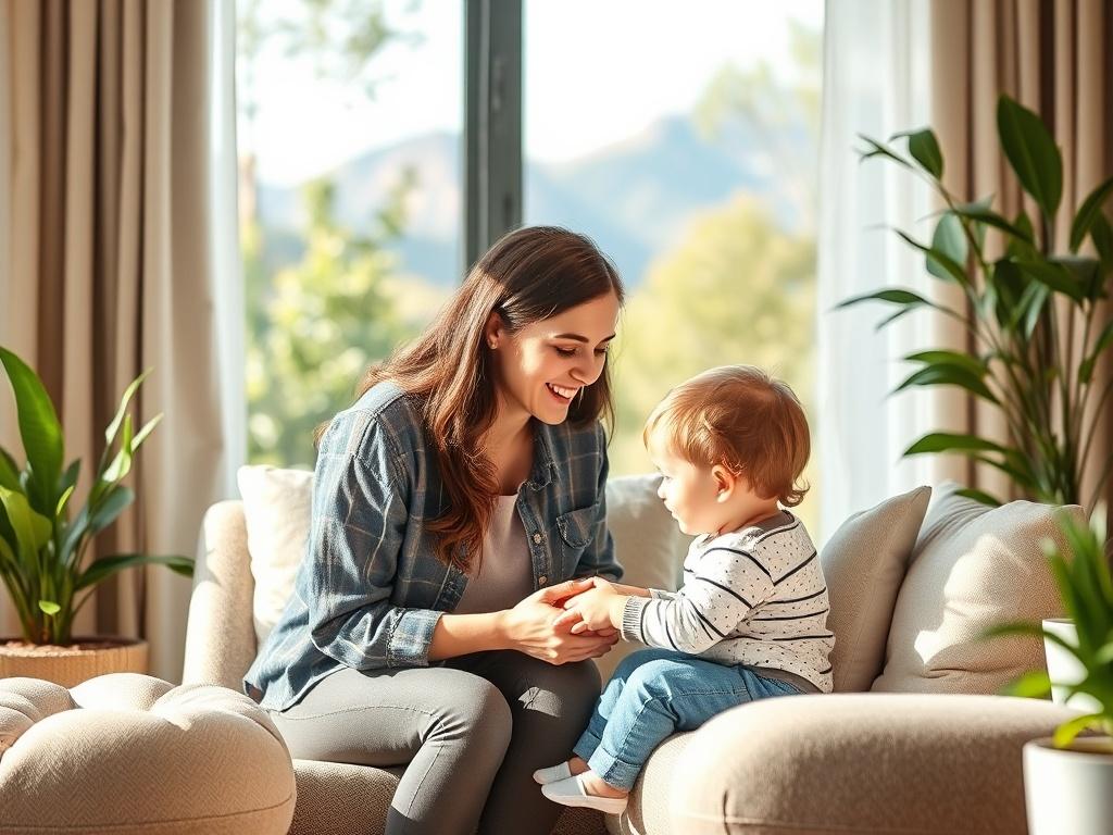 A warm and inviting family consultation setting with a caring nanny interacting with a child. The background shows soft greens and natural light, capturing the peaceful atmosphere of Boulder, with hints of the Flatirons visible through a window.