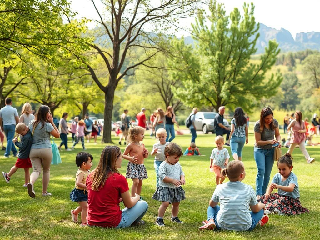 An outdoor gathering of families and nannies in a park, engaging in activities together. The setting includes trees and greenery, with the Flatirons in the background, showcasing a vibrant and friendly community atmosphere.