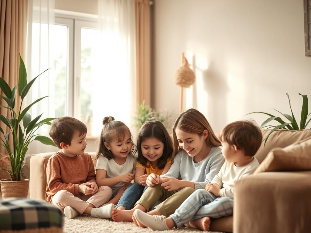 A warm and inviting scene of a family and a caregiver sitting together in a cozy living room, engaged in a fun activity, with soft natural lighting coming through a window. The background features earthy tones and plants, creating a nurturing atmosphere. The caregiver is interacting positively with the children, showcasing a sense of trust and connection.