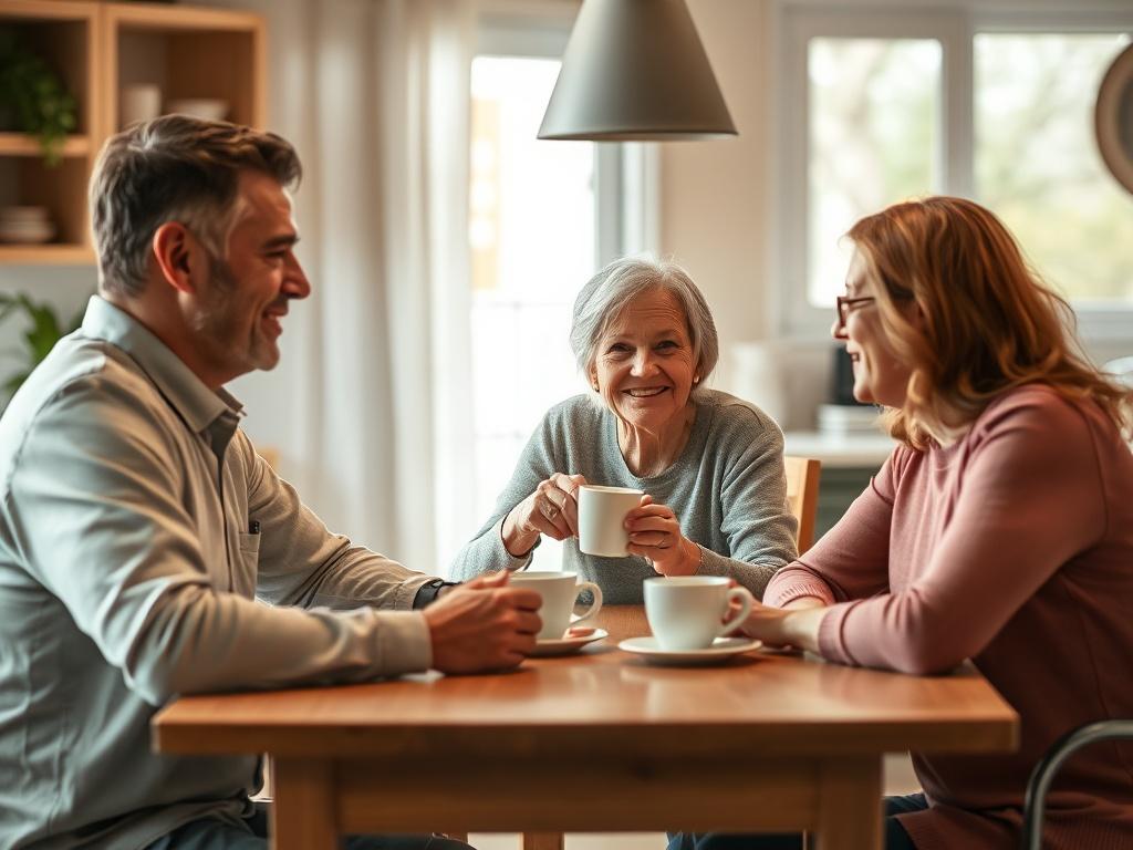 A comforting scene of a family and caregiver sitting together at a kitchen table, engaged in a friendly conversation over coffee. The atmosphere is warm and inviting, with soft lighting and homey decor. The image captures the essence of ongoing support, showcasing a relationship built on trust and open communication.