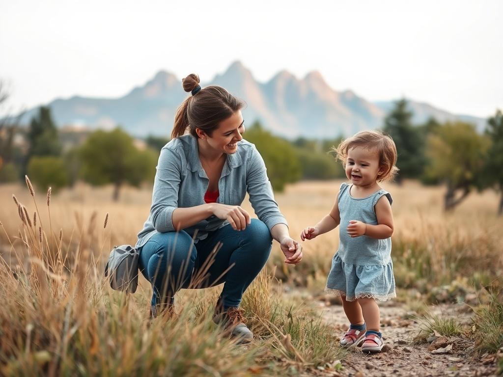 A serene and joyful scene of a caregiver and child exploring a local park, surrounded by the beauty of Boulder’s landscape. The caregiver and child are engaged in outdoor play, with the Flatirons visible in the background. Soft, natural lighting enhances the peaceful atmosphere, illustrating a strong bond and trust between them.