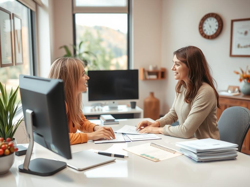A caregiver undergoing a background check in a professional office setting, with paperwork and a computer. The environment is calm and organized, highlighting the seriousness of the vetting process, with elements of Boulder’s natural beauty visible through a window.