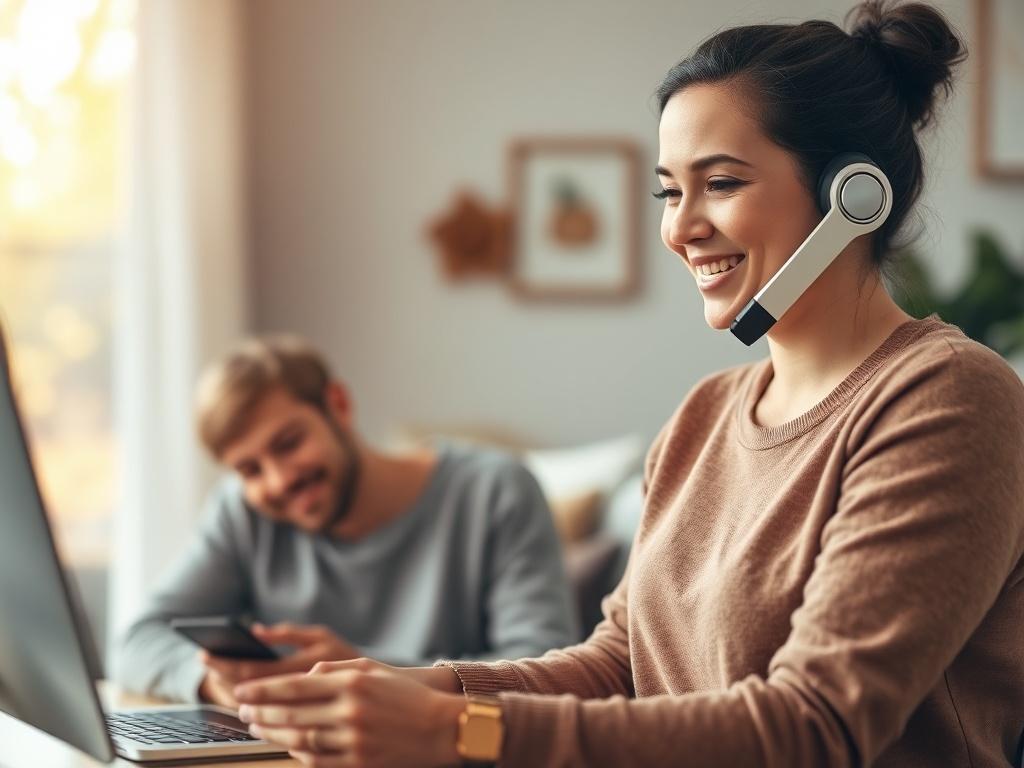 A friendly team member from Building Trust Boulder offering support to a family over the phone, with a warm smile and a reassuring demeanor. The background should depict a comforting home environment, with elements of Boulder’s outdoor beauty visible.