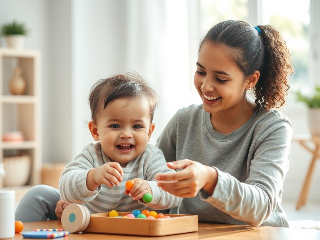 An image of a caregiver and child engaging in a fun activity together, showcasing their joyful connection. The setting is bright and cheerful, with natural light streaming in, reflecting a positive and harmonious atmosphere.
