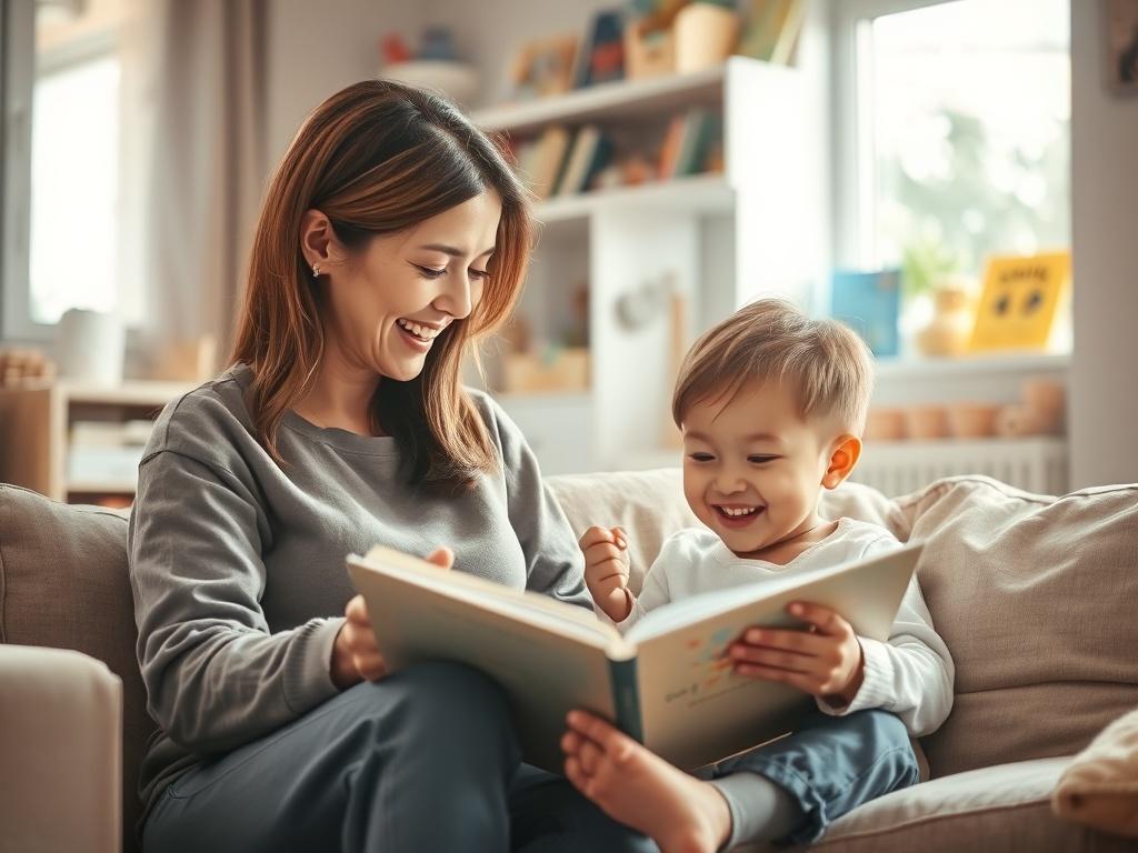 A serene home environment with a warm, inviting atmosphere. In the foreground, a compassionate nanny is engaging with a happy child, reading a book together on a cozy couch. Soft lighting filters through a nearby window, casting gentle shadows. The background features shelves filled with children's books and toys, creating a nurturing setting. The colors are soft and harmonious, emphasizing the peaceful and caring nature of the scene.