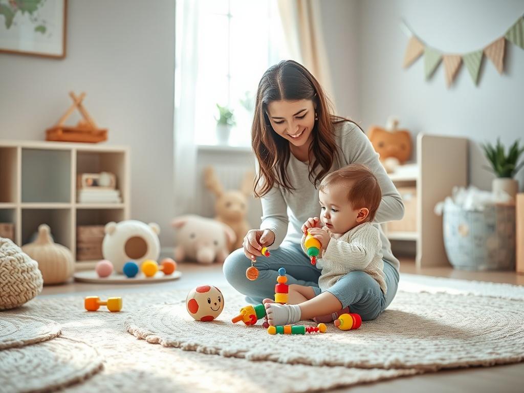 A caring bilingual nanny engaging with an infant in a cozy, well-lit playroom. The nanny is playing with colorful sensory toys, surrounded by soft rugs and gentle natural light streaming through a window. The atmosphere is calm and inviting, highlighting the nurturing bond between the caregiver and the child. The scene should focus solely on the interaction, emphasizing the developmental play and the gentle approach of the nanny.