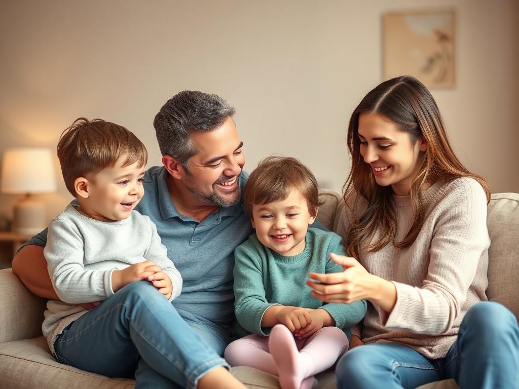 A serene image of a smiling family interacting with a caring nanny in a cozy living room setting. The family consists of two children and their parents, all engaged in a playful activity. The background should include soft lighting and warm tones, creating a peaceful atmosphere. Emphasize the joyful expressions on their faces, showcasing the trust and connection between the family and the caregiver.