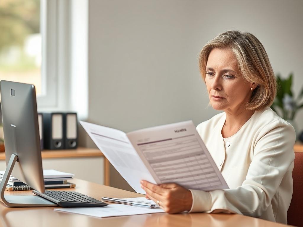 A professional caregiver sitting at a desk, reviewing a detailed background check document with a look of determination. The setting is bright and organized, with a sense of professionalism and trust.