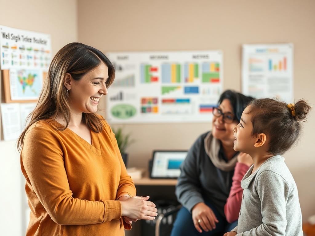A friendly staff member from Building Trust Boulder engaged in a warm conversation with a family, offering support and guidance. The environment is welcoming, with colorful charts and resources in the background.