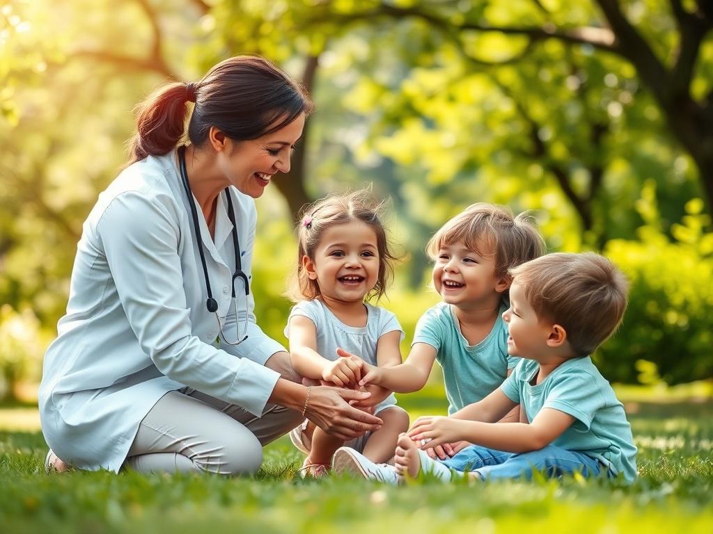 A joyful scene of a caregiver playing with children in a park, showcasing a harmonious interaction. The background features lush greenery and a sunny day, highlighting a nurturing environment.
