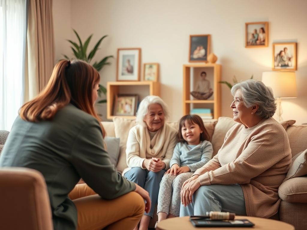 A warm and inviting living room setting featuring a family engaged in a consultation with a friendly caregiver. The environment is cozy, with soft lighting and family photos on the walls, conveying trust and openness.