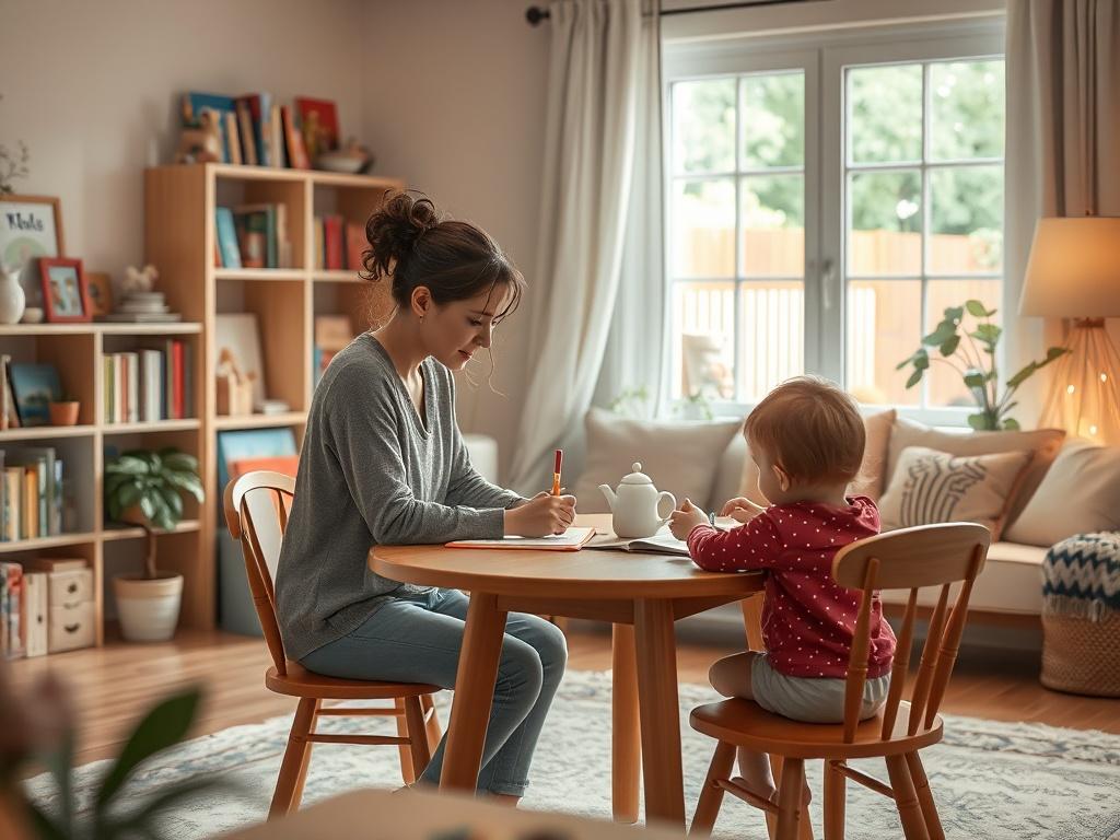 A peaceful scene of a warm, inviting living room where a caring nanny is helping a child with homework at a dining table. The room is softly lit, with gentle tones and a cozy atmosphere. The child looks engaged and focused while the nanny is attentively guiding them. Background includes bookshelves filled with children's books, and a window showing a garden outside, creating a calm and nurturing environment.