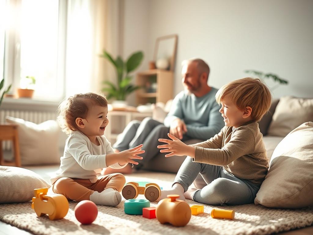 A warm, inviting image of two happy children playing together in a cozy living room, surrounded by toys and soft cushions. The sunlight filters through the window, creating a serene atmosphere. In the background, two parents engage in conversation, smiling at each other, reflecting the connection and trust between the families. The color palette includes soft tones and gentle lighting, emphasizing the peaceful and nurturing environment.