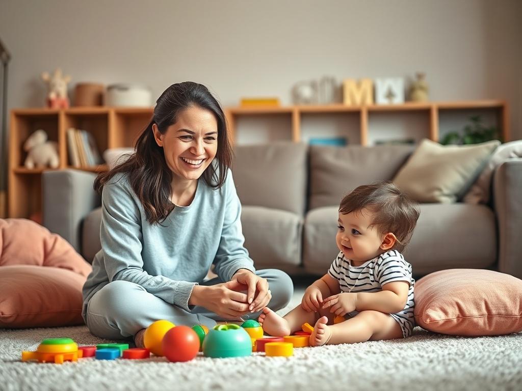 A warm and inviting image of a cheerful nanny playing with a young child in a cozy living room. The nanny, a woman in her 30s with a friendly smile, is sitting on the floor with colorful toys scattered around. The child, a toddler, is engaged and smiling, surrounded by soft cushions. Gentle lighting fills the room to create a peaceful atmosphere, with soft tones in the decor. A bookshelf in the background holds children's books, adding a nurturing touch to the scene.