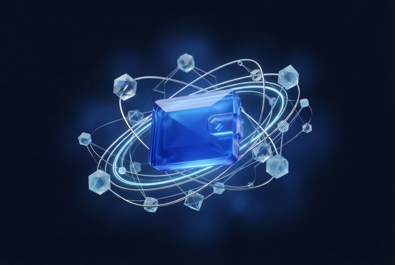 Abstract blue glass wallet tile surrounded by delicate network connections