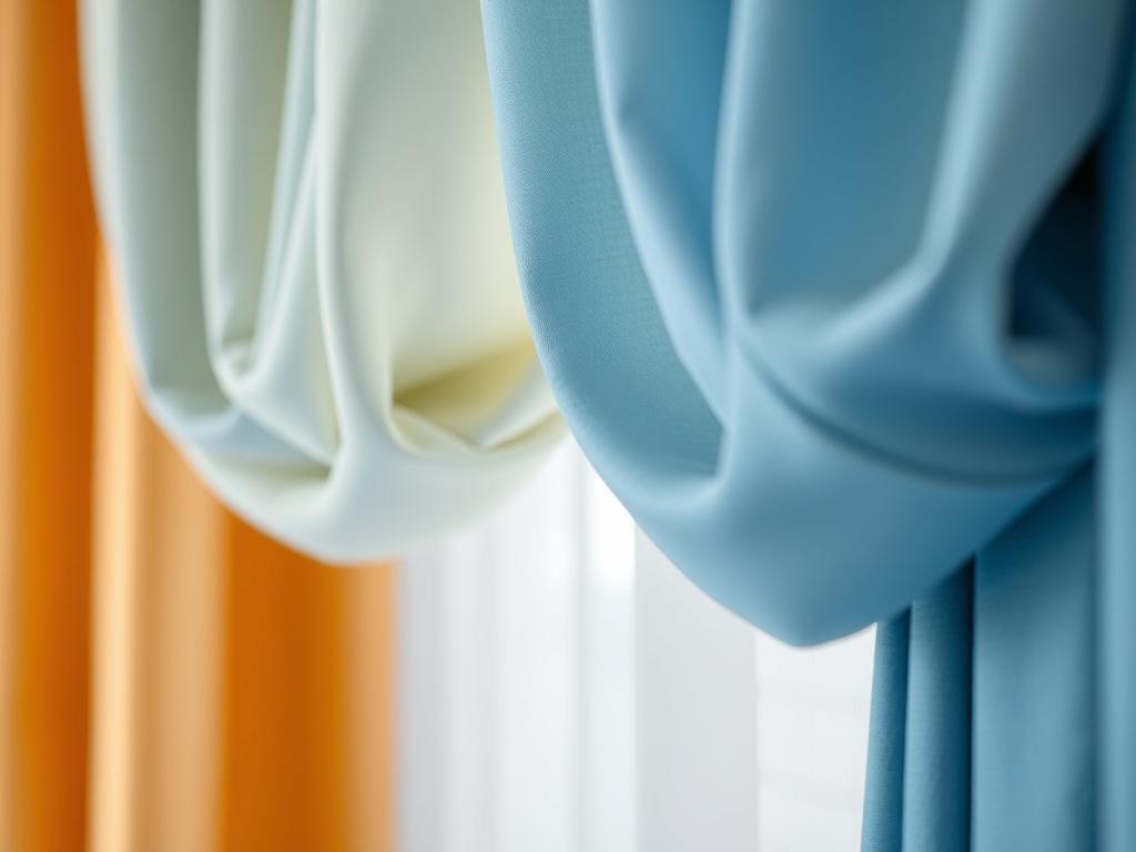 A close-up shot of freshly cleaned drapes hanging elegantly, showcasing their vibrant colors and textures. The image should capture the intricate details of the fabric, highlighting the softness and cleanliness. A softly blurred background enhances the focus on the drapes, creating a sophisticated and inviting atmosphere.