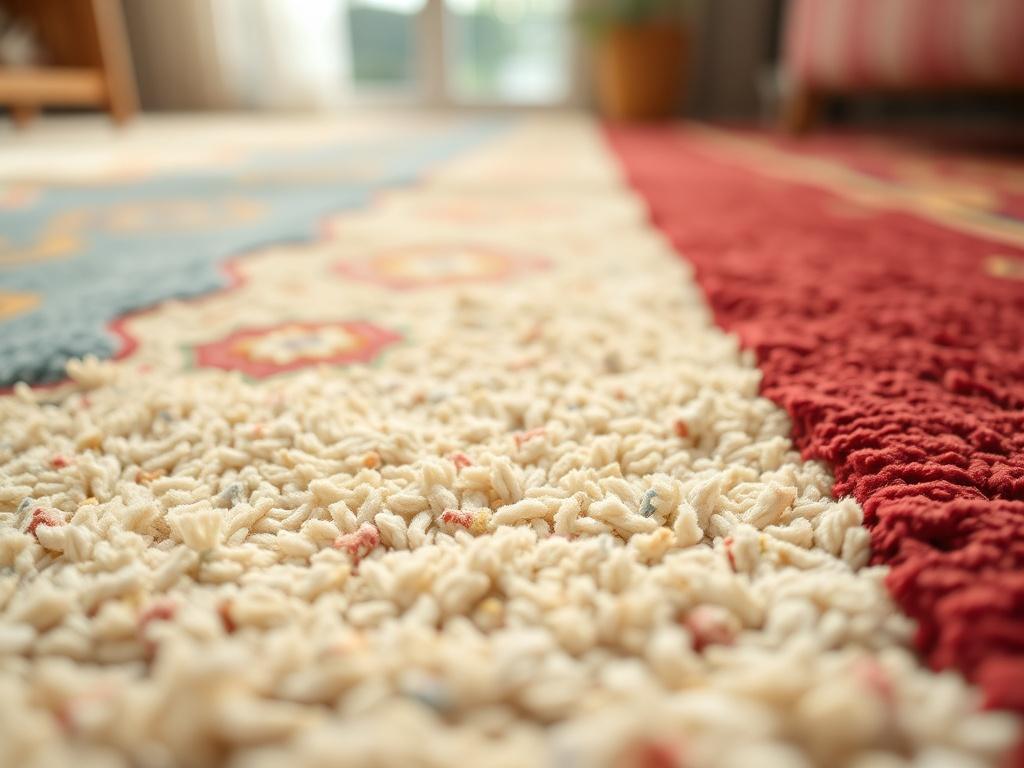 A close-up shot of a beautifully cleaned carpet, showcasing its vibrant colors and soft texture. The image should capture the intricate patterns of the carpet fibers, emphasizing cleanliness and luxury. The background should be softly blurred to draw focus to the carpet, creating a warm and inviting atmosphere with natural lighting.