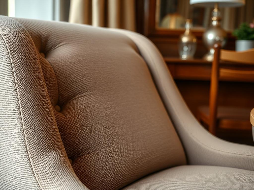 A close-up shot of a luxuriously cleaned upholstered chair, highlighting the texture and colors of the fabric. The image should focus on the rich details of the upholstery, showcasing its cleanliness and revitalized appearance. A softly blurred background complements the scene, creating an elegant and inviting setting.