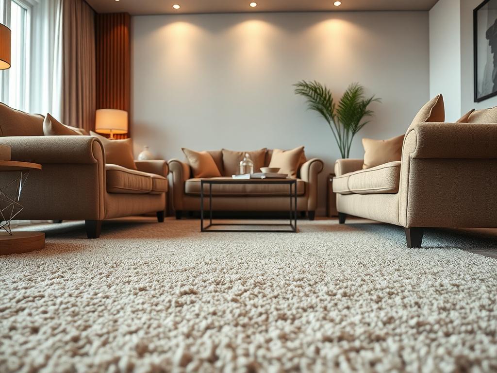 A comfortable living room setting featuring a plush carpet and elegant couches, captured from floor level. The image should showcase the richness of the carpet's texture and the luxuriousness of the upholstery. Soft lighting enhances the inviting atmosphere, creating a warm and welcoming space. The background should be minimalistic to keep the focus on the carpet and couches.