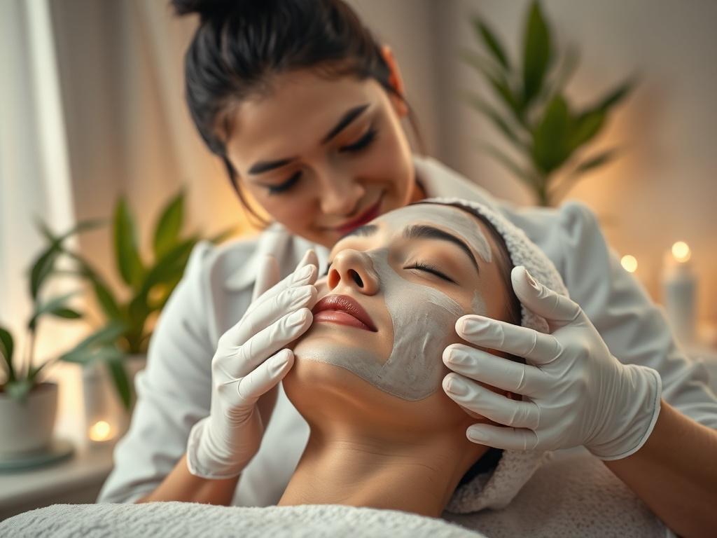 A close-up shot of a skincare expert applying a facial mask on a client in a serene spa setting. The background features soft lighting, plants, and beauty products neatly arranged. The expert wears gloves and a professional attire, showing care and focus. Captured with a 45mm f/1.2 lens, the image conveys relaxation and expertise.