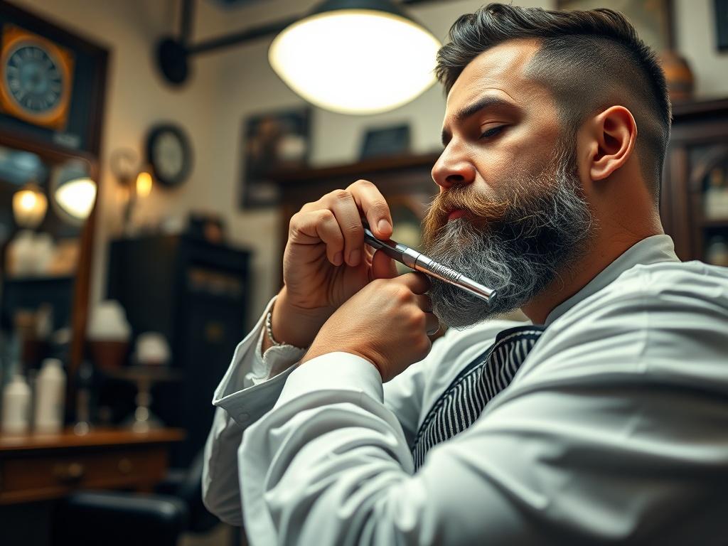 A close-up shot of a barber skillfully trimming a man's beard with a straight razor in a stylish barbershop. The shop features vintage decor and warm lighting, creating an inviting atmosphere. The barber displays precision and care, wearing a classic barber apron. The image captures the essence of traditional barbering, shot with a 45mm f/1.2 lens.