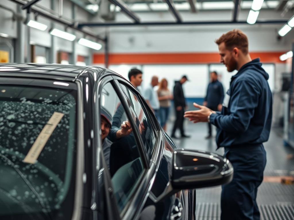 A close-up shot of a car being inspected for a wash, with a technician discussing details with a customer. The setting should reflect a friendly and professional car wash environment, showcasing equipment and happy customers in the background. The focus should be on the interaction between the technician and the customer, highlighting a personalized experience. The primary color of rgb(155, 2, 2) should be subtly integrated into the scene, creating a cohesive brand image. The overall mood should be welcomin