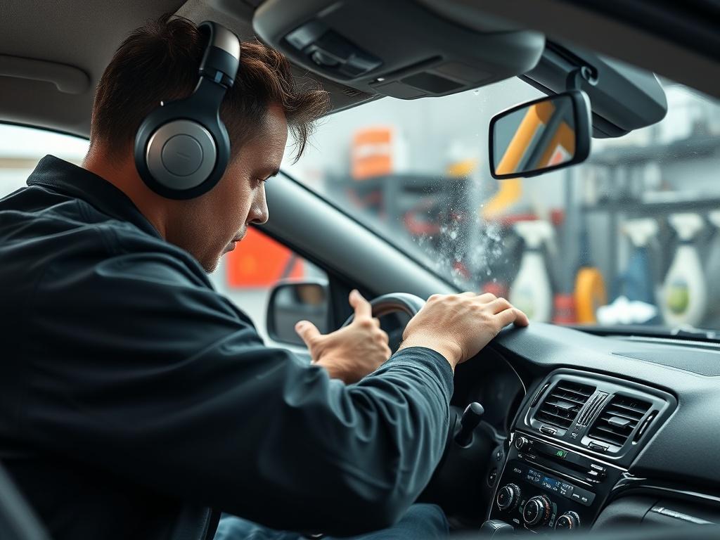 A close-up shot of a technician detailing the interior of a car, focusing on vacuuming and wiping the dashboard. The environment reflects a professional car wash and detailing service, with tools and cleaning supplies neatly arranged in the background. The lighting should be bright and inviting, emphasizing the cleanliness and care involved in the detailing process. The primary color of rgb(155, 2, 2) should be incorporated subtly in the image design to maintain brand consistency. The composition should con