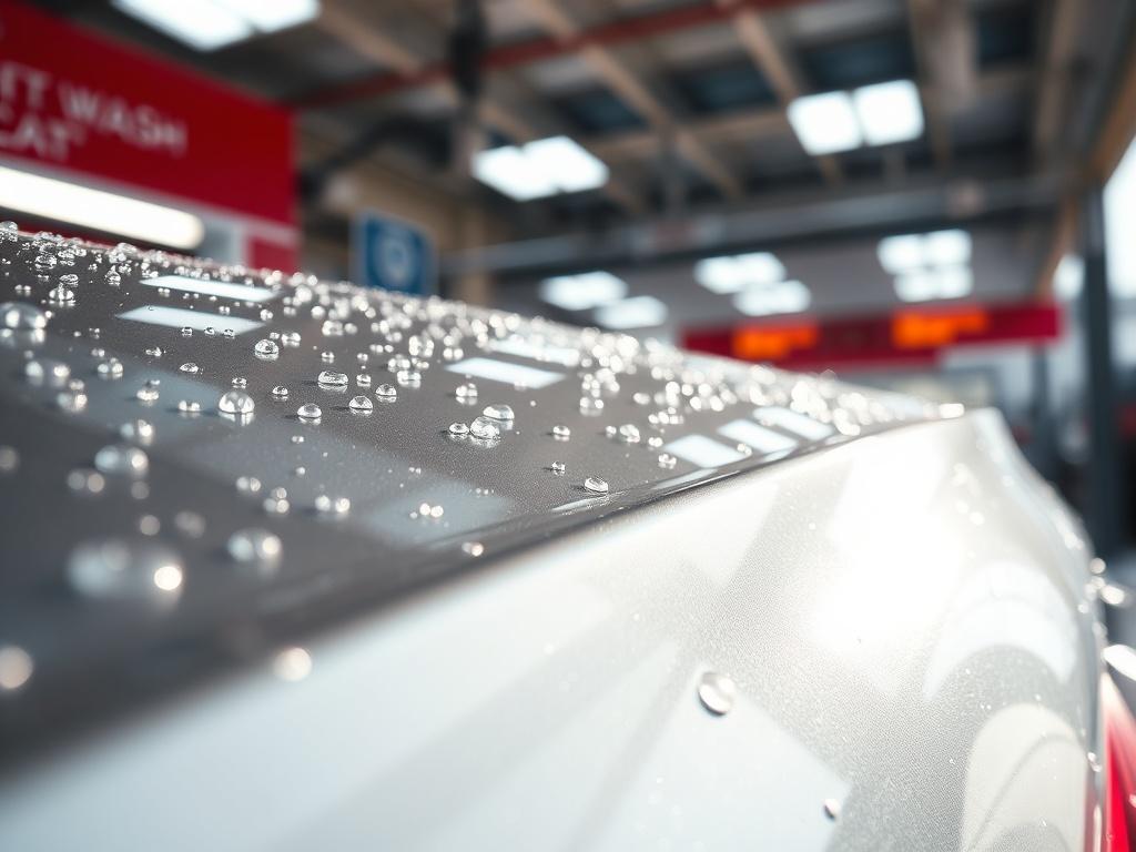 A close-up shot of a car being washed at a car wash, with water droplets glistening on the car surface under bright sunlight. The background shows a clean and organized car wash bay, creating a vibrant and inviting atmosphere. The focus is on the car, highlighting its shine and freshness, captured using a 45mm f/1.2 lens for depth of field. The overall image should convey cleanliness and attention to detail, with a primary color of rgb(155, 2, 2) subtly incorporated in the scene.