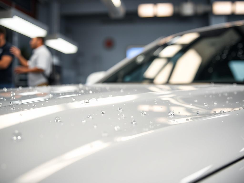 A hyper-realistic close-up shot of a shiny, well-maintained car in a car wash setting, showcasing water droplets glistening on the surface. The background should be blurred to emphasize the car, with hints of the car wash equipment and bright lights creating a clean, inviting atmosphere. The image should evoke a sense of freshness and care, shot with a 45mm f/1.2 lens style.