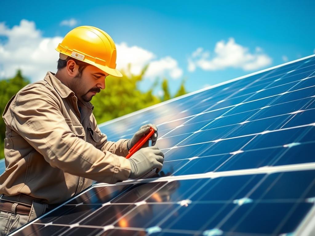 A technician performing maintenance on solar panels in a sunny