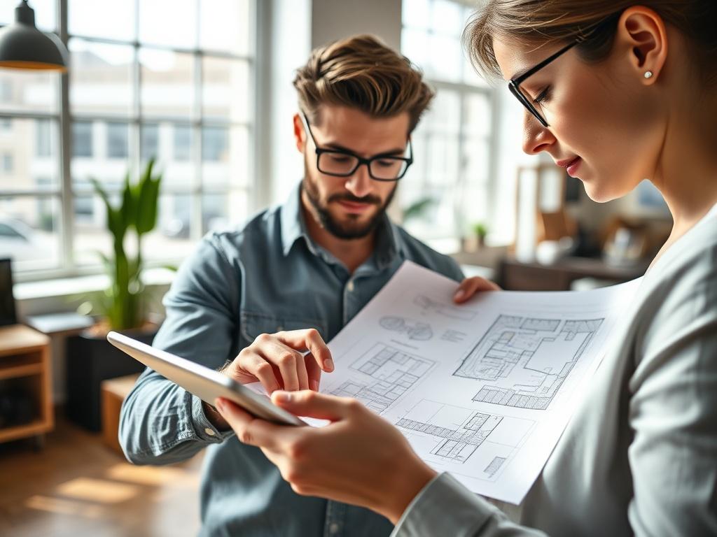 A close up shot of a designer reviewing architectural blueprints