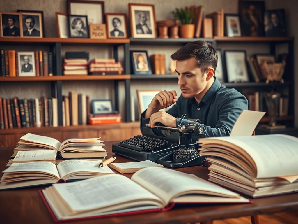 Create a realistic high-resolution photo that captures the essence of ghostwriting. The composition should feature a single, focused subject: a thoughtful writer seated at a wooden desk, surrounded by an array of open notebooks and a vintage typewriter, symbolizing the craft of storytelling. The writer, depicted from a slight angle to showcase both their profile and the workspace, should appear deeply engaged in the process, with their fingers poised over the typewriter keys as if preparing to articulate a 