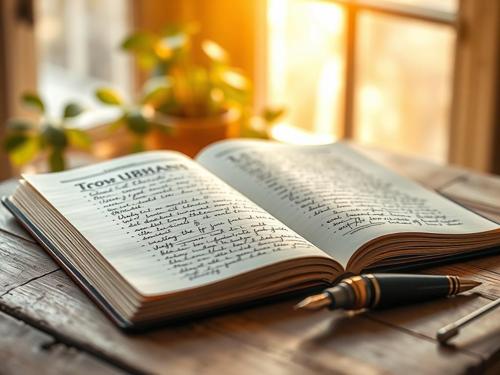 **Prompt for AI Image Generator:**

Create a hyper-realistic high-resolution photograph depicting an open journal on a rustic wooden table. The journal should be filled with handwritten notes and sketches, showcasing the act of crafting authentic narratives. A fountain pen should be elegantly placed beside the journal, hinting at the creative process of writing. 

In the background, blurred but visible, include a warm golden light filtering through a nearby window, bathing the scene in a cozy and inviting g