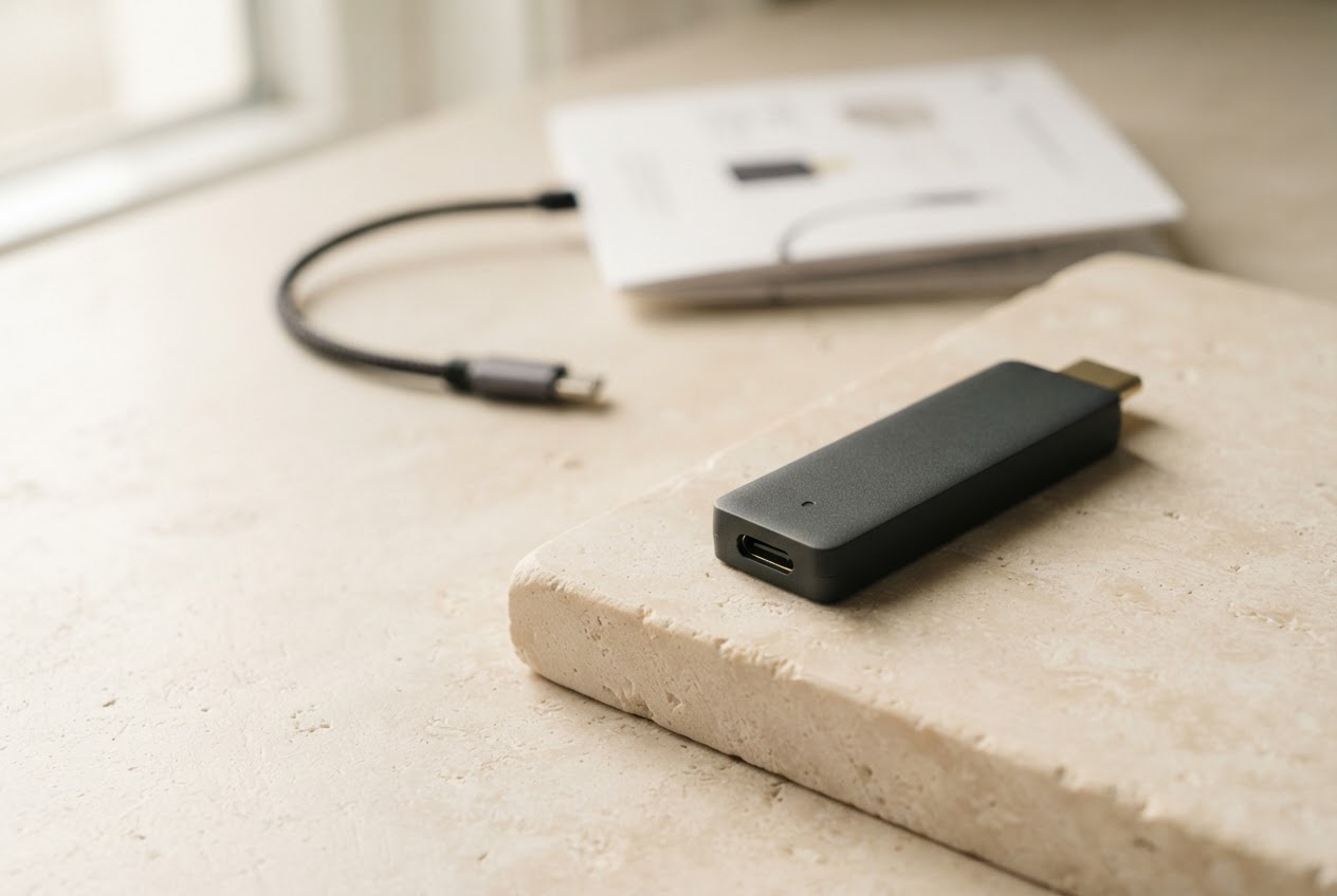 An unbranded hardware wallet device resting on a softly lit stone desk