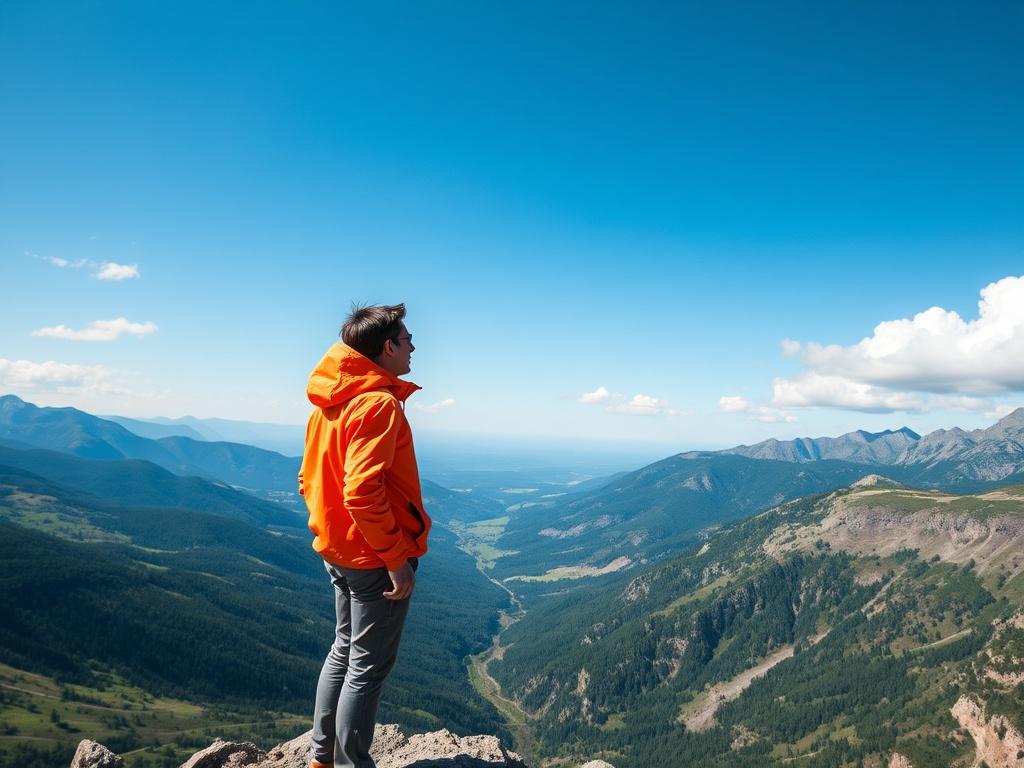 A close-up shot of a hiker standing on a mountain edge, overlooking a vast valley filled with greenery and rugged terrain. The sky is clear blue with a few fluffy clouds, creating a vibrant atmosphere. The hiker, wearing a bright outdoor jacket, gazes into the distance, capturing the essence of exploration and adventure. The focus is sharp on the hiker, with a blurred background to emphasize the stunning landscape.