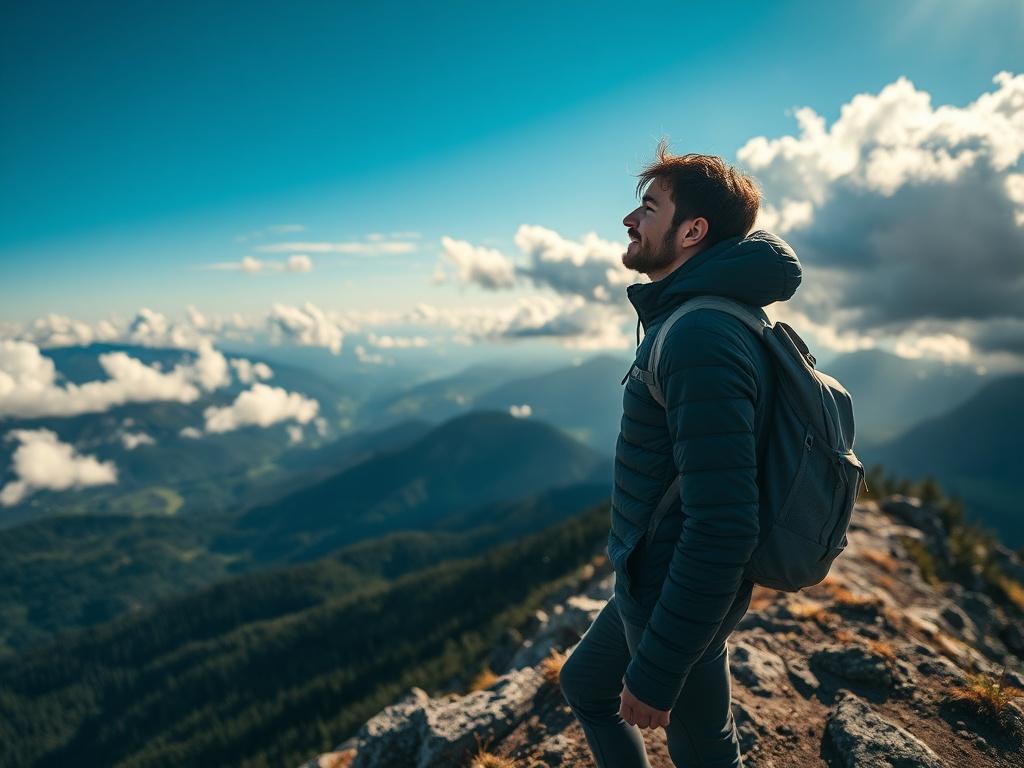 A stunning close-up shot of a hiker standing on a mountain peak, overlooking a vast landscape of valleys and forests. The backdrop features dramatic clouds and a bright blue sky, with sunlight illuminating the hiker. The scene conveys a sense of adventure and exploration, focusing on the hiker's expression of awe and wonder. The image is captured using a 45mm f/1.2 lens style, highlighting the vibrant colors of nature.