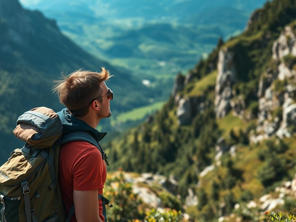 A realistic close up shot of a hiker on a