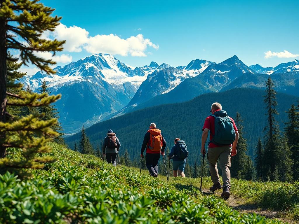A breathtaking landscape showcasing a group of hikers trekking through