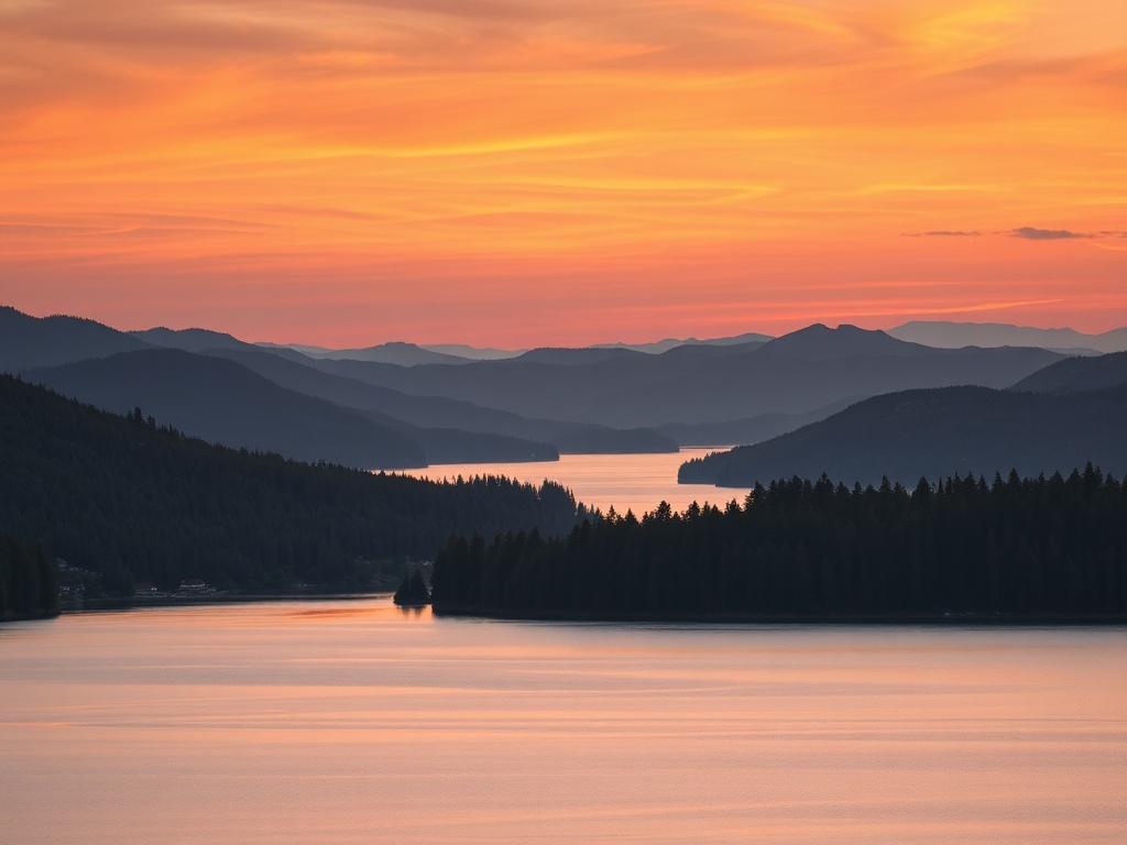 A stunning panoramic view of a serene lake surrounded by