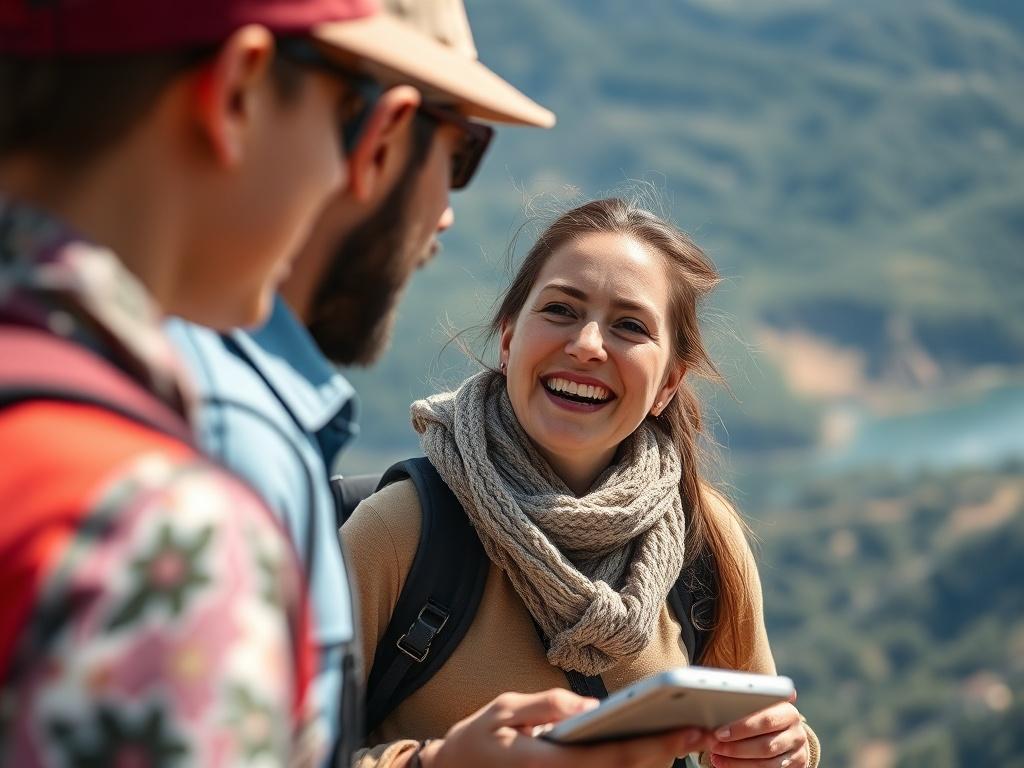 A close up shot of a happy traveler sharing their