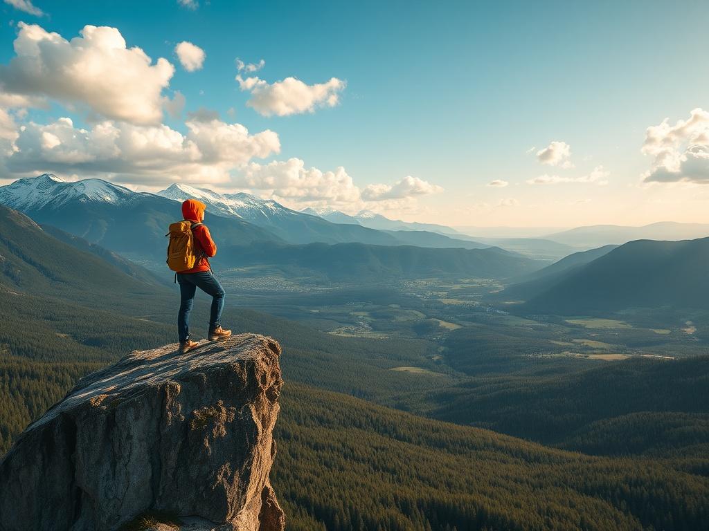 **Prompt for AI Image Generation:**

Create a highly realistic, high-resolution photo of a solitary hiker standing on the edge of a dramatic cliff, overlooking a stunning vista of Russia's wild and unspoiled landscapes. The hiker should be dressed in vibrant outdoor gear, showcasing a sense of adventure and exploration. The cliff should rise steeply, leading down to a lush valley filled with rolling green hills and expansive forests, which stretch into the distance. 

In the background, capture snow-capped 