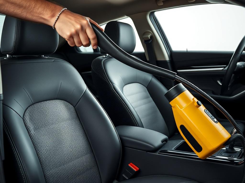 A high-resolution close-up shot of a car interior during the cleaning process, focusing on a technician using a steam cleaner on a car seat, showcasing the difference between the cleaned and uncleaned fabric. The background should be simple and unobtrusive, highlighting the cleaning action. The colors should be vibrant, emphasizing the cleanliness and freshness of the interior.